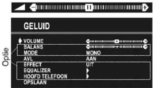GELUID VOLUME BALANS MODE AVL AAN EFFECT EQUALIZER HOOFD TELEFOON UIT OPSLAAN Optie