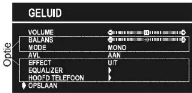 GELUID VOLUME BALANS MODE AVL AAN EFFECT EQUALIZER HOOFD TELEFOON OPSLAAN