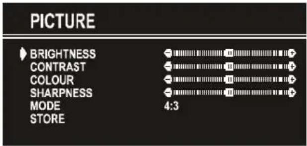 PICTURE BRIGHTNESS CONTRAST COLOUR SHARPNESS MODE STORE 4:3