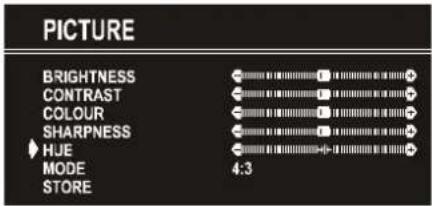 PICTURE BRIGHTNESS CONTRAST COLOUR SHARPNESS HUE MODE STORE 4:3