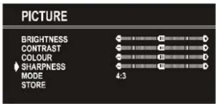PICTURE BRIGHTNESS CONTRAST COLOUR SHARPNESS MODE STORE 4:3
