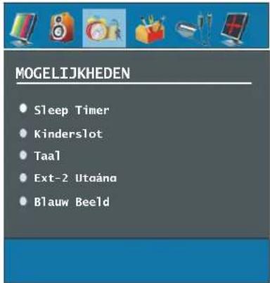 MOGELIJKHEDEN • Sleep Timer • Kinderslot • Taal • Ext-2 Utaána • Blauw Beeld