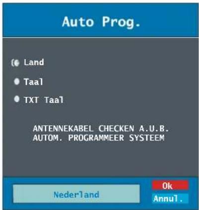 Auto Prog. (● Land ● Taal ● TXT Taal ANTENNEKABEL CHECKEN A.U.B. AUTOM. PROGRAMMEER SYSTEEM Nederland Ok Annul.