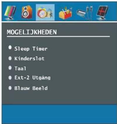 MOGELIJKHEDEN • Sleep Timer • Kinderslot • Taal • Ext-2 Utgång • Blauw Beeld
