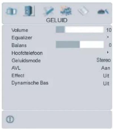 GELUID Volume 10 Equalizer Balans 0 Hoofdtelefoon Geluidsmode Stereo AVL Aan Effect Uit Dynamische Bas Uit