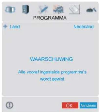PROGRAMMA Land Nederland WAARSCHUWING Alle vooraf ingestelde programma's wordt gewist OK Annuleren