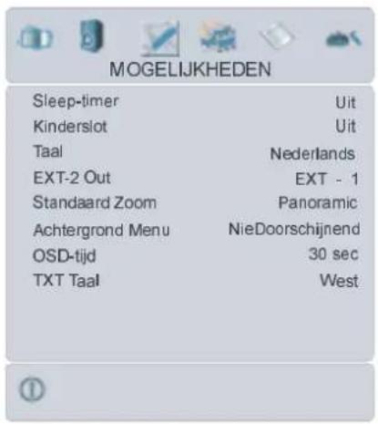 MOGELIJKHEDEN Sleep-timer Uit Kinderslot Uit Taal Nederlands EXT-2 Out EXT - 1 Standaard Zoom Panoramic Achtergrond Menu NieDoorschijnend OSD-tijd 30 sec TXT Taal West