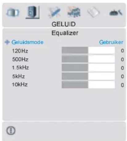 GELUID Equalizer + Geluidsmode 120Hz 500Hz 1.5kHz 5kHz 10kHz Gebruiker 0 0 0 0 0 0