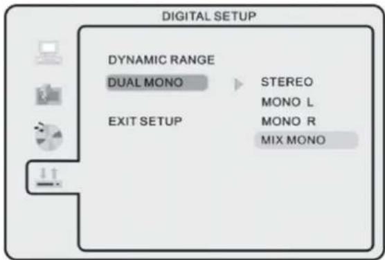 DIGITAL SETUP DYNAMIC RANGE DUAL MONO STEERO MONO L EXIT SETUP MONO R MIX MONO
