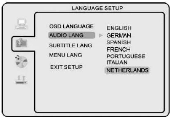 LANGUAGE SETUP OSD LANGUAGE ENGLISH AUDIO LANG GERMAN SUBTITLE LANG SPANISH MENU LANG FRENCH EXIT SETUP PORTUGUESE ITALIAN NETHERLANDS