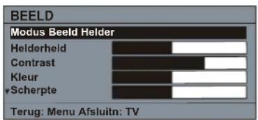 BEELD Modus Beeld Helder Helderheid Contrast Kleur Scherpte Terug: Menu Afsluitn: TV