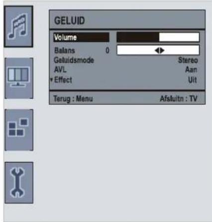 GELUID Volume Balans 0 Geluidsmode AVL Effect Stereo Aan Uit Terug : Menu Afsluitn : TV