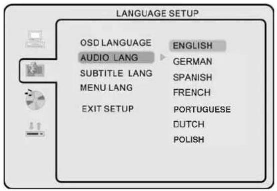 LANGUAGE SETUP OSD LANGUAGE ENGLISH AUDIO LANG GERMAN SUBTITLE LANG SPANISH MENU LANG FRENCH EXIT SETUP PORTUGUESE DUTCH POLISH