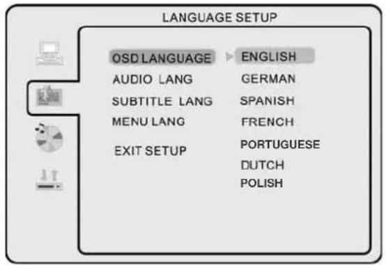 LANGUAGE SETUP OSD LANGUAGE ▶ ENGLISH AUDIO LANG GERMAN SUBTITLE LANG SPANISH MENU LANG FRENCH EXIT SETUP PORTUGUESE DUTCH POLISH