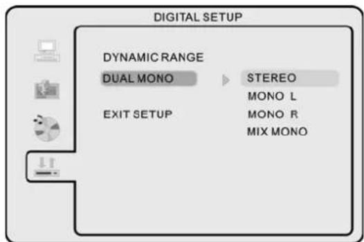 DIGITAL SETUP DYNAMIC RANGE DUAL MONO STEERO MONO L EXIT SETUP MONO R MIX MONO