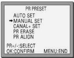 PR PRESET AUTO SET →MANUAL SET CANAL+ SET PR ERASE PR ALIGN PR+/-:SELECT OK:CONFIRM MENU:END