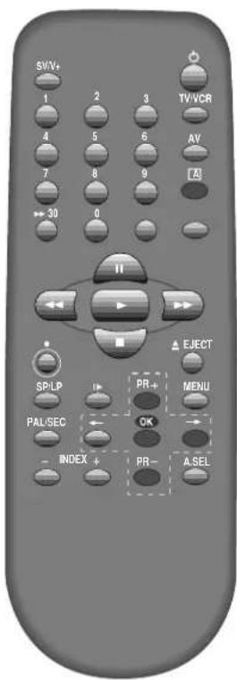 SV/V+ 1 2 3 4 5 6 7 8 9 ← 30 0 TV/VCR AV A II SP/LP PR+ MENU PAL/SEC OK INDEX + PR- A.SEL