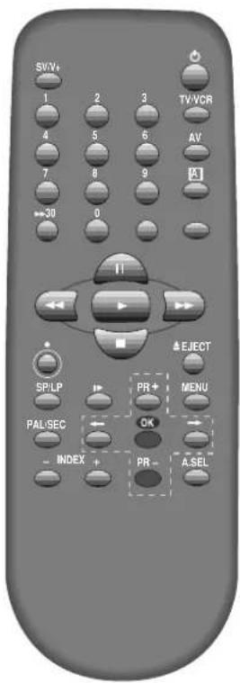 SV/V+ 1 2 3 TV/VCR 4 5 6 AV 7 8 9 A] +30 0 11 SP/LP PR+ MENU PAL/SEC OK INDEX + PR- A.SEL