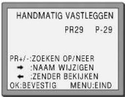 HANDMATIG VASTLEGGEN PR29 P-29 PR+/-:ZOEKEN OP/NEER ← :NAAM WIJZIGEN ← :ZENDER BEKIJKEN OK:BEVESTIG MENU:EIND
