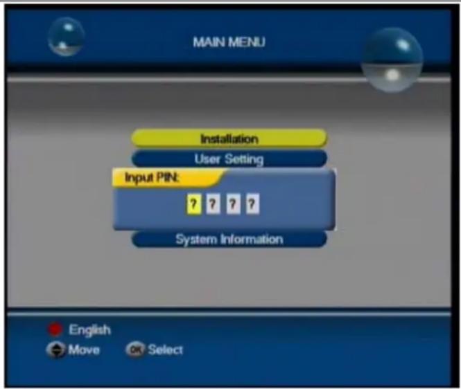 MAIN MENU Installation User Setting Input PIN: ? ? ? ? System Information English Move OK Select