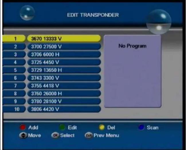 EDIT TRANSPONDER 1 3670 13333 V 2 3700 27500 V 3 3706 6000 H 4 3725 4450 V 5 3729 13650 H 6 3743 3300 V 7 3755 4418 V 8 3760 26000 H 9 3780 28100 V 10 3806 4420 V No Program Add Edit Del Scan Move OK Select Ext Prev Menu