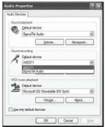 Audio Properties Audio Devices Sound playback Default device: SigmaTel Audio Volume... Advanced... Sound recording Default device: AH0377 AW5371 Sigma Tel Audio MIDI music playback Default device: Microsoft GS Wavetable SW Synth Voltage... About... Use only default devices OK Cancel Apply