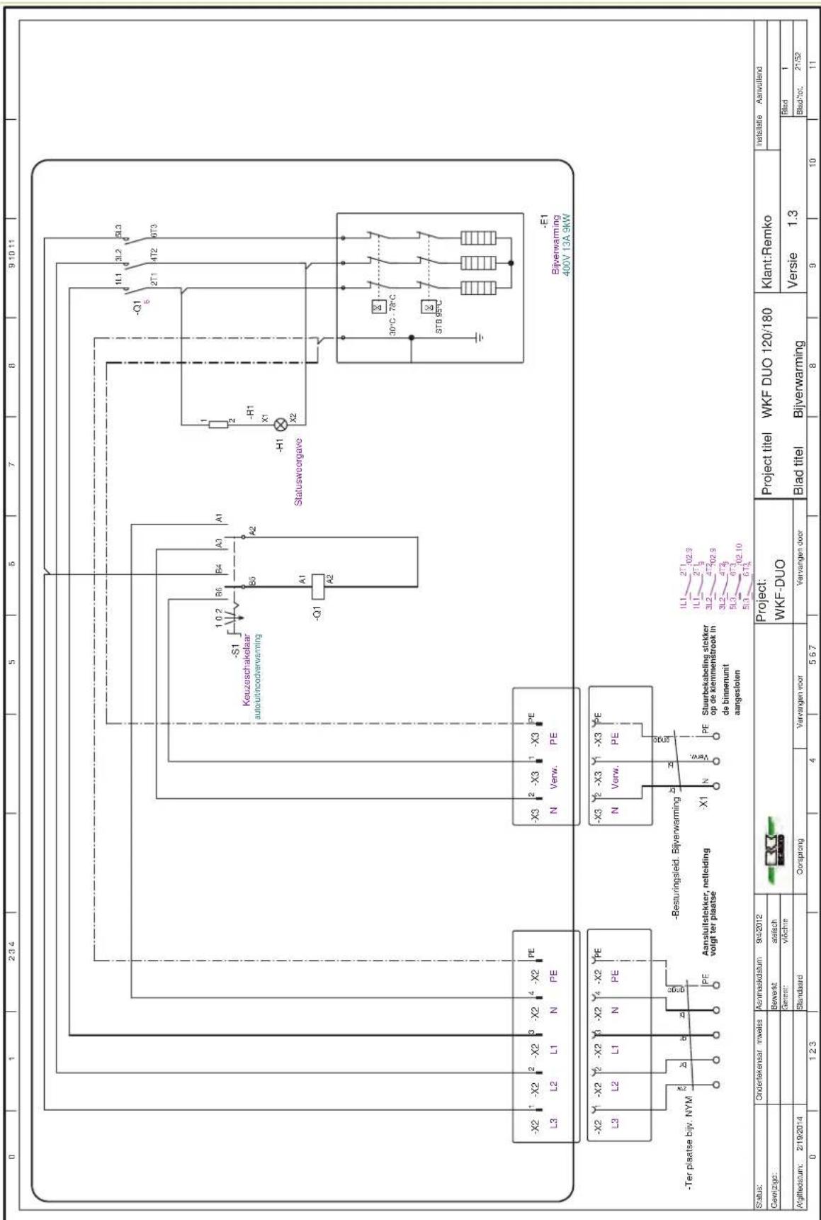 0 1 2 3 4 5 6 7 8 9 10 11 - X2 1-X2 2-X2 3-X2 4-X2 PE L3 L2 L1 N PE - X2 1-X2 2-X2 3-X2 4-X2 PE L3 L2 L1 N PE -Antuitstekker, netleiding voigt ter plaatse X1 - Besturingsleid. Bijverwarming X1 Stuurbekabeling stekker op de klemmenstrook in de binnenunit aangeslolen - Ter plaatse bijv. NYM - E1 Bijverwarming 400V 13A 9kW Status: Onderkenaar mwalis Asnmarkdatum 9/4/2012 Cavizgo: Gewerkt asisch Genest vAchie Afglliedatum: 2/19/2014 Standard Project: WKF-DUO Project titel WKF DUO 120/180 KIant:Remko Blad titel Bijverwarming Versie 1.3 Installatie Aanvullend Blad 1 Blad'tot: 21:52 0 1 2 3 4 5 6 7 8 9 10 11