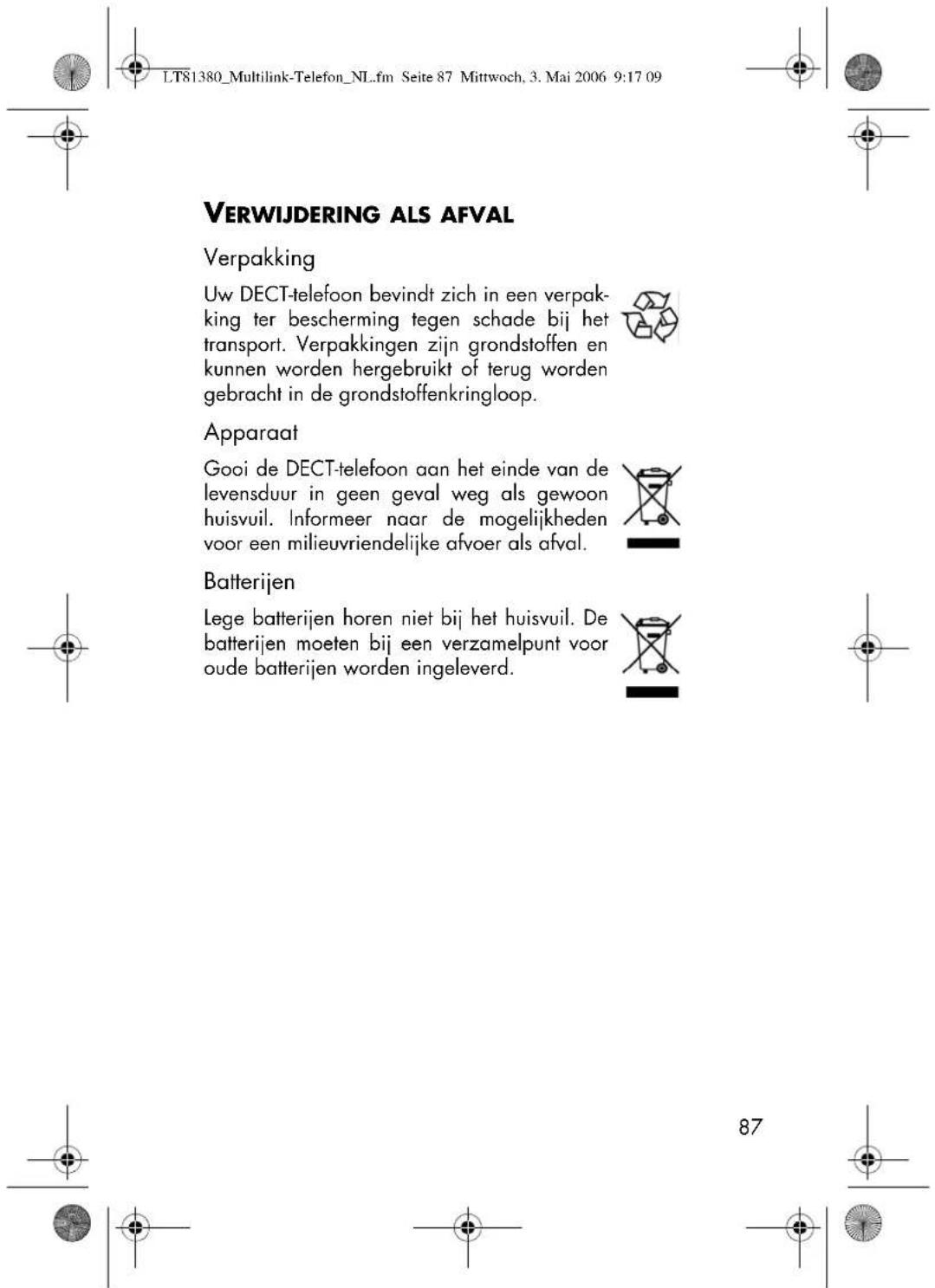 LT81380_Multilink-Telefon_NL..fm Seite 87 Mittwoch, 3. Mai 2006 9:17 09 VERWIJDERING ALS AFVAL Verpakking Uw DECT-telefoon bevindt zich in een verpak- king ter bescherming tegen schade bij het transport. Verpakkingen zijn grondstoffen en kunnen worden hergebruikt of terug worden gebracht in de grond…