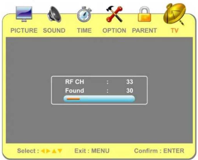 PICTURE SOUND TIME OPTION PARENT TV RF CH : 33 Found : 30 Select : Exit : MENU Confirm : ENTER
