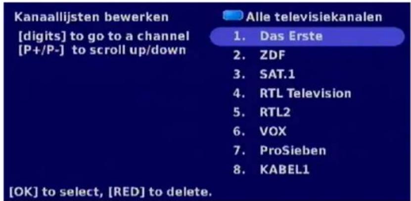 Kanaallijsten bewerken [digits] to go to a channel [P+/P-] to scroll up/down [OK] to select, [RED] to delete. Alle televisiekanalen 1. Das Erste 2. ZDF 3. SAT.1 4. RTL Television 5. RTL2 6. VOX 7. ProSieben 8. KABEL1
