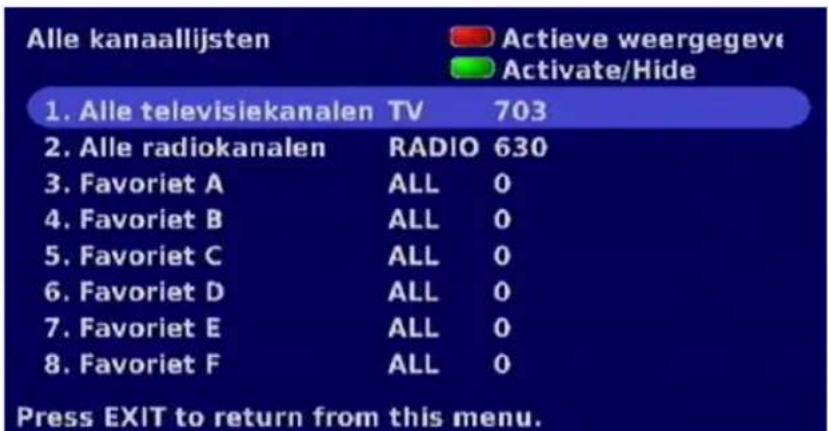 Alle kanaallijsten Actieve weergegeve Activate/Hide 1. Alle televisiekanalen TV 703 2. Alle radiokanalen RADIO 630 3. Favoriet A ALL 0 4. Favoriet B ALL 0 5. Favoriet C ALL 0 6. Favoriet D ALL 0 7. Favoriet E ALL 0 8. Favoriet F ALL 0 Press EXIT to return from this menu.