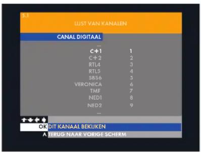 5.1 LIST VAN KANALEN CANAL DIGITAAL ... C+1 1 C+2 2 RTL4 3 RTL5 4 5BS6 5 VERONICA 6 TMF 7 NED1 8 NED2 9 ... OK DIT KANAAL BEKIJKEN A TERUG NAAR VORIGE SCHERM