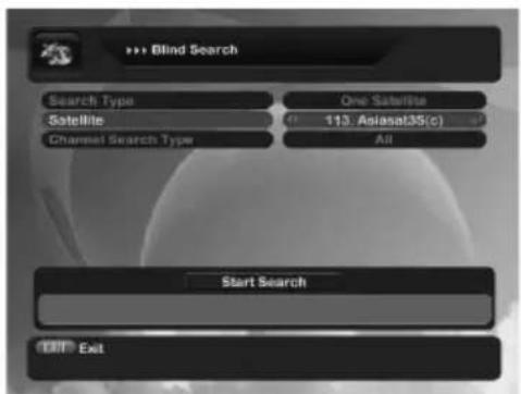 Blind Search Search Type Satellite Channel Search Type One Satellite 113. Asiasat35(c) All Start Search Exit Exit