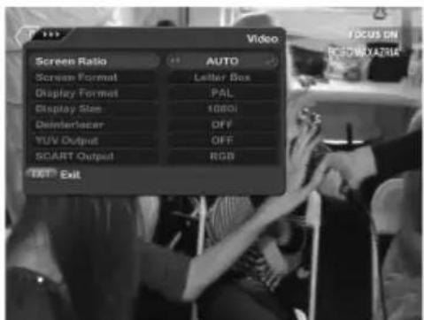 Screen Ratio Scream Format Display Format Display Size Disinertaser YUV Output SCART Output TET Exit Video AUTO Letter Box PAL 10801 OFF OFF RGB