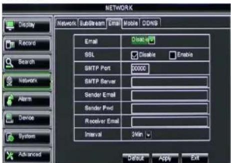 NETWORK Display Record Search Network Alarm Device System Advanced Network SubStream Email Mobile DDNS Email Open SSL Disable Enable SMTP Port 00000 SMTP Server Sender Email Sender Pvd Receiver Email Interval 3Min Default Apply Exit