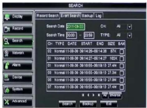 SEARCH Record Search Event Search Backup Log Search Date 2311-08-35 CH: All Search Time 0x00 23:59 TYPE: All CH TYPE DATE START END SIZE BAK 02 Normal 11-08-30 09:14:26-09:14:26 87K 01 Normal 11-08-30 09:14:27-09:14:27 102K 01 Normal 11-08-30 09:18:55-09:19:10 27.4M 03 Normal 11-08-30 09:18:55-09:19…