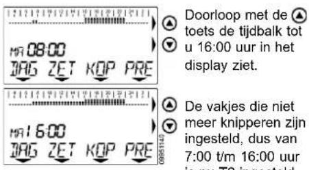 Doorloop met de toets de tijdbalk tot u 16:00 uur in het display ziet. De vakjes die niet meer knipperen zijn ingesteld, dus van 7:00 t/m 16:00 uur is nu T2 ingesteld.