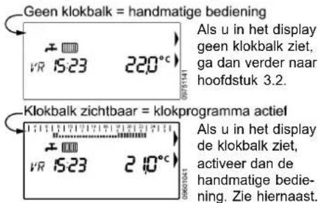 Geen klokbalk = handmatige bediening Als u in het display geen klokbalk ziet, ga dan verder naar hoofdstuk 3.2. Klokbalk zichtbaar = klokprogramma actief Als u in het display de klokbalk ziet, activeer dan de handmatige bedie- ning. Zie hiernaast.