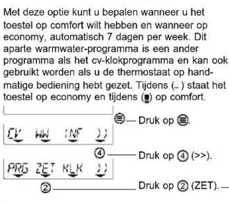 Met deze optie kunt u bepalen wanneer u het toestel op comfort wilt hebben en wanneer op economy, automatisch 7 dagen per week. Dit aparte warmwater-programma is een ander programma als het cv-klokprogramma en kan ook gebruikt worden als u de thermostaat op handmatige bediening hebt gezet. Tijdens (-) staat het toestel op economy en tijdens ( ) op comfort. Druk op (1) —— Druk op (2) —— Druk op (3) —— Druk op (4) —— Druk op (5) —— Druk op (6) —— Druk op (7) —— Druk op (8) —— Druk op (9) —— Druk op (10) —— Druk op (11) —— Druk op (12) —— Druk op (13) —— Druk op (14) —— Druk op (15) —— Druk op (16) —— Druk op (17) —— Druk op (18) —— Druk op (19) —— Druk op (20) —— Druk op (21) —— Druk op (22) —— Druk op (23) —— Druk op (24) —— Druk op (25) —— Druk op (26) —— Druk op (27) —— Druk op (28) —— Druk op (29) —— Druk op (30) —— Druk op (31) —— Druk op (32) —— Druk op (33) —— Druk op (34) —— Druk op (35) —— Druk op (36) —— Druk op (37) —— Druk op (38) —— Druk op (39) —— Druk op (40) —— Druk op (41) —— Druk op (42) —— Druk op (43) —— Druk op (44) —— Druk op (45) —— Druk op (46) —— Druk op (47) —— Druk op (48) —— Druk op (49) —— Druk op (50) —— Druk op
