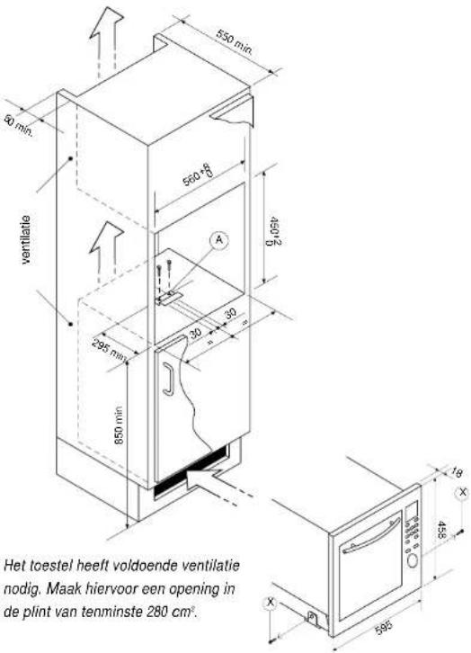 550 min 60 min. 550+8 2,050 ventilatie 250 min 30 30 850 min Het toestel heeft voldoende ventilatie nodig. Maak hiervoor een opening in de plint van tenminste 280 cm². 18 45 585