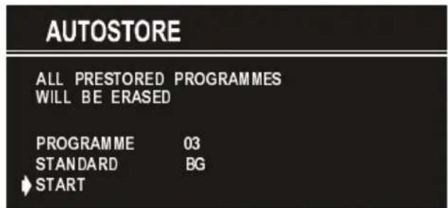 AUTOSTORE ALL PRESTORED PROGRAMMES WILL BE ERASED PROGRAMME 03 STANDARD BG START