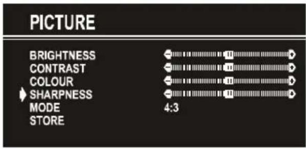 PICTURE BRIGHTNESS CONTRAST COLOUR SHARPNESS MODE STORE 4:3