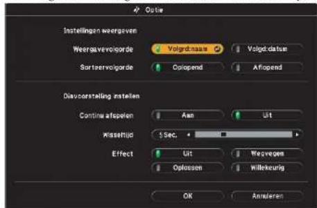 Oste Instellingen weergave Weergavevolgorde: Volgorde naam, Volgorde datum Sorteervolgorde: Oplopend, Aflopend Diashow instellen Continue afspelen: Aan, Uit Wisseltijd: 5 sec. Effect: Uit, Weergave, Oplossen, Willekeurig OK, Annuleren