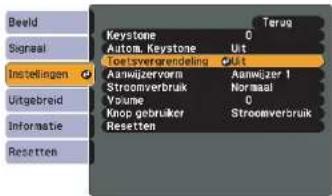 Beeld Signaal Instellingen Uitgebreid Informatie Resetten Terug Keystone 0 Autom. Keystone Uit Toetsvergrendeling Uit Aanwijzer vorm Aanwijzer 1 Stroomverbruik Normaal Volume 0 Knop gebruiker Stroomverbruik Resetten