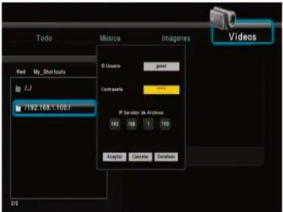Todo Música Imágenes Red My_Shortouts 7/92.168.1.100.f Videos ID Usario gout Contraseta 10000 IP Serador de Archives 192 168 1 100 Aceptor Cancelar Detalado 2/2