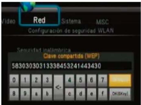 Red Sistema MISC Configuración de seguridad WLAN Seguridad inalámbrica Clave compartida (WEP) 58303030313336453241443430 0 1 2 3 8 9 a b <- 4 5 6 7 c d e f OK(BKey)