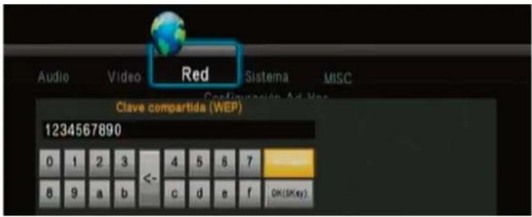 Audio Video Red Sistema MISC Clave compartida (WEP) 1234567890 0 1 2 3 4 5 6 7 8 9 a b <- c d e f OK (SK key)