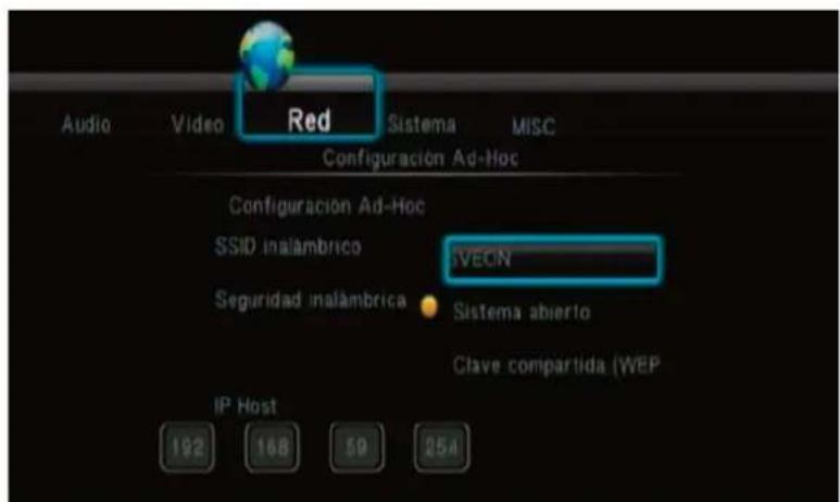 Red Audio Video Sistema MISC Configuración Ad-Hoc Configuración Ad-Hoc SSID inalámbrico IVECN Seguridad inalámbrica Sistema abierto Clave compartida (WEP IP Host 192 168 50 254
