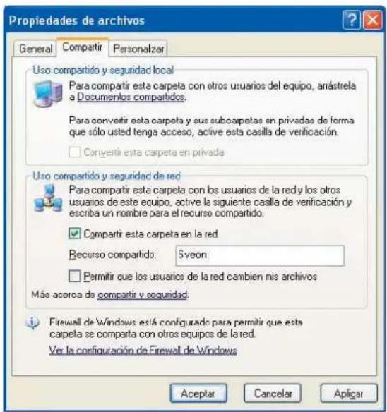 Propiedades de archivos General Compartir Personalzar Uso compartido y seguridad local Para compartir esta carpeta con otros usuarios del equipo, arástrela a Documentos compartidos. Para convertir esta carpeta y sus subcoapetas en privadas de forma que sólo usted tenga acceso, active esta casilla de verificación. □ Convertir esta carpeta en privada Uso compartido y seguridad de red Para compartir esta carpeta con los usuarios de la red y los otros usuarios de este equipo, active la siguiente casilla de verificación y escriba un nombre para el recurso compartido. ☑ Compartir esta carpeta en la red Recurso compartido: Sveon □ Permitir que los usuarios de la red cambien mis archivos Más acerca de compartir y seguridad. Firewall de Windows está configurado para permitir que esta carpeta se comparta con otros equipos de la red. Ver la configuración de Firewall de Windows Aceptar Cancelar Aplicar