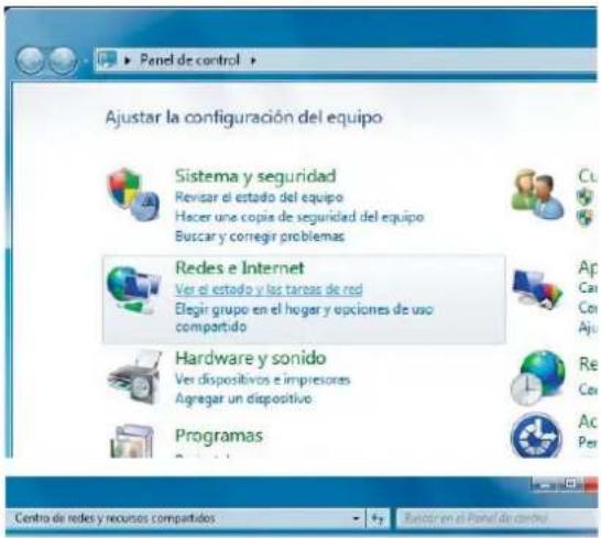 Panel de control Ajustar la configuración del equipo Sistema y seguridad Revisar el estado del equipo Hacer una copia de seguridad del equipo Buscar y corregrir problemas Redes e Internet Ver el estado y las tanas de red Elegir grupo en el hogar y opciones de uso compartido Hardware y sonido Ver dispositivos e impresiones Agranar un dispositivo Programas Centro de redes y recursos compartidos Buscar en el Panel de control